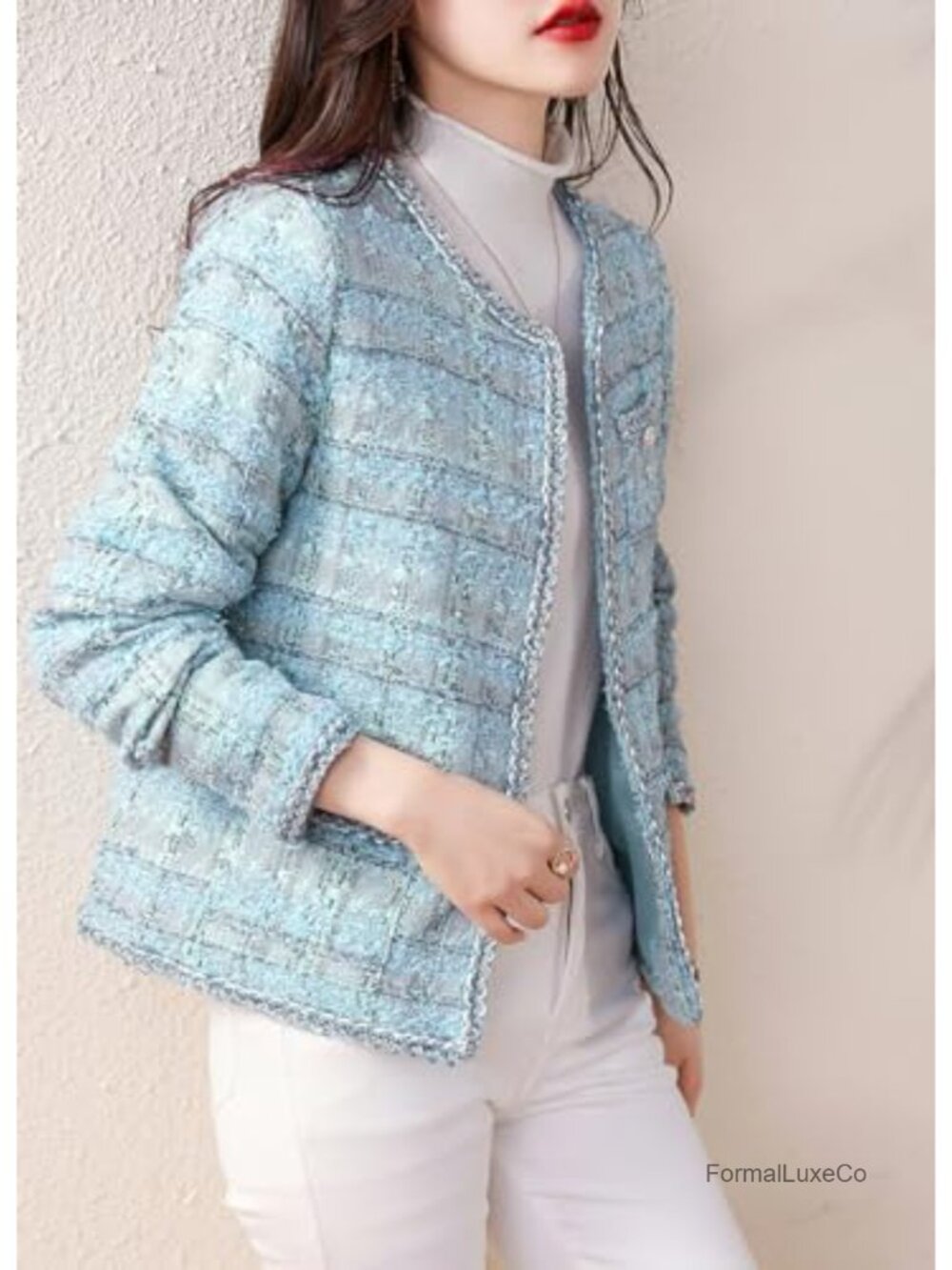 Elegant Open Front Tweed Blazer Slim Fit Collarless Jacket - Picture 2 of 4